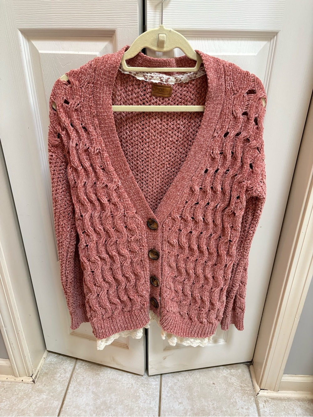 POL Textured Cable V-Neck Button Cardigan - Dusty Rose